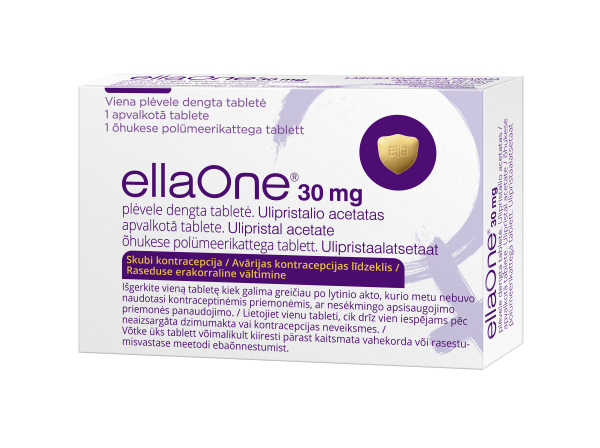 EllaOne package: says the words ellaOne, 30mg, film coated tablet, ulipristal acetate, Emergency Contraception.