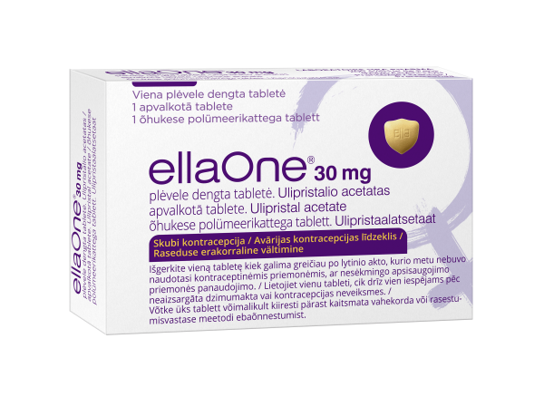 EllaOne package: says the words ellaOne, 30mg, film coated tablet, ulipristal acetate, Emergency Contraception.